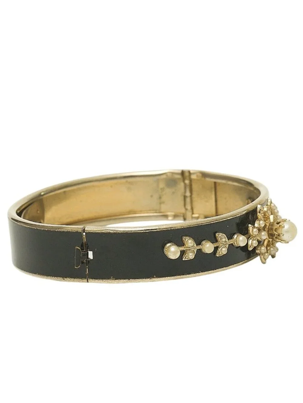 Vintage Victorian Revival Bangle Bracelet Black Enamel Faux Pearl Goldplate